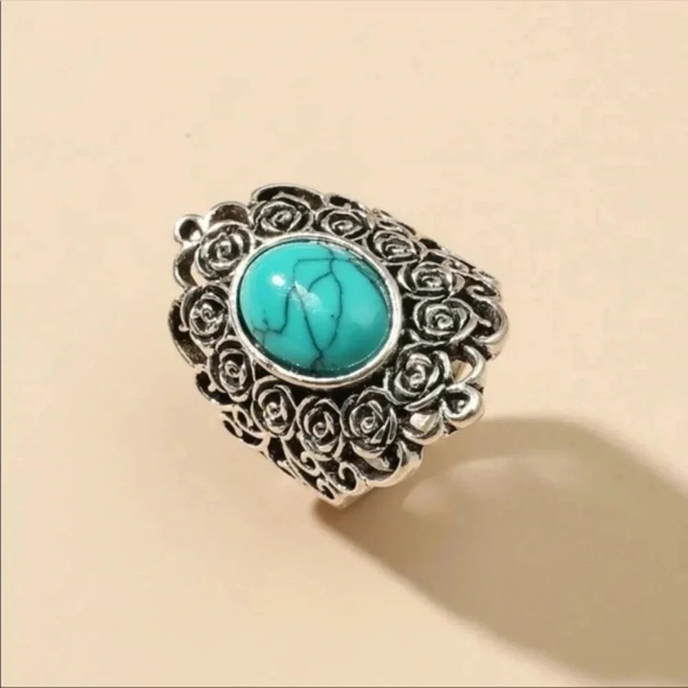 Boho Turquoise & Silver Statement Ring | Vintage Western Style – Size 9